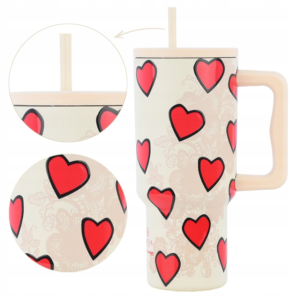 Velký Termohrnek S Brčkem 900 ML v srdci krémový udržuje teplo