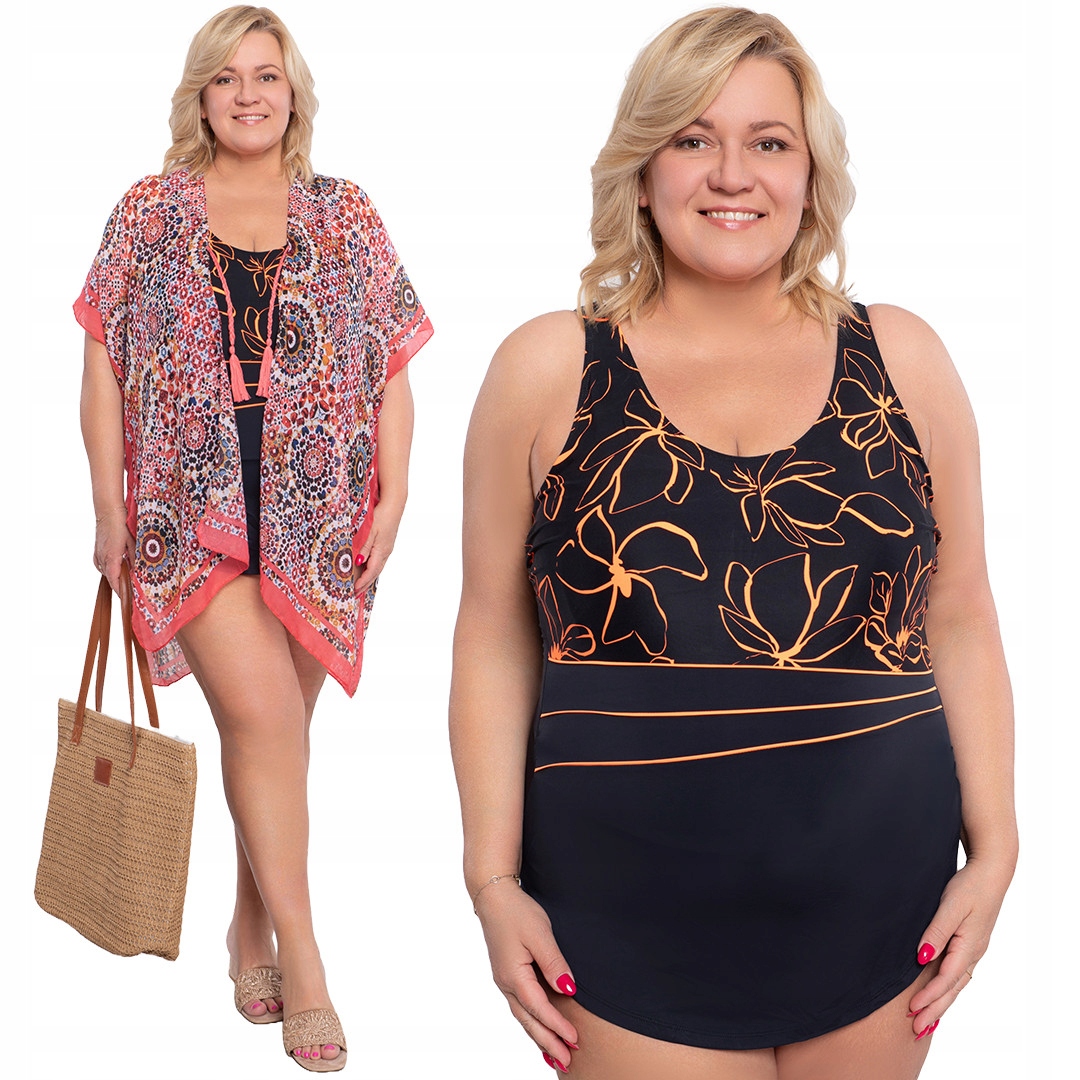 Jednodílné plavky s oranžovými květy plus size velikost 54