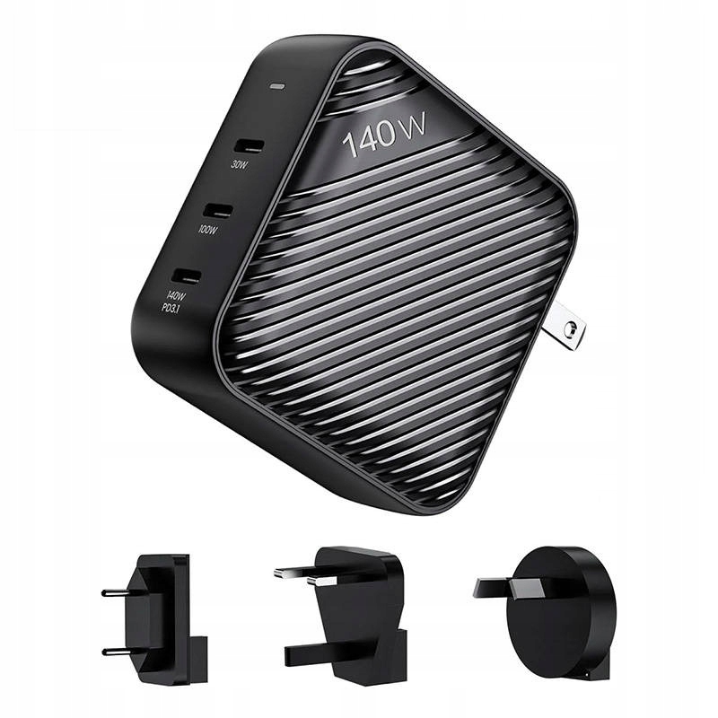 Síťová nabíječka Invzi GanHub 3x Usb-c, 140 W, Eu/uk/au/us (černá)