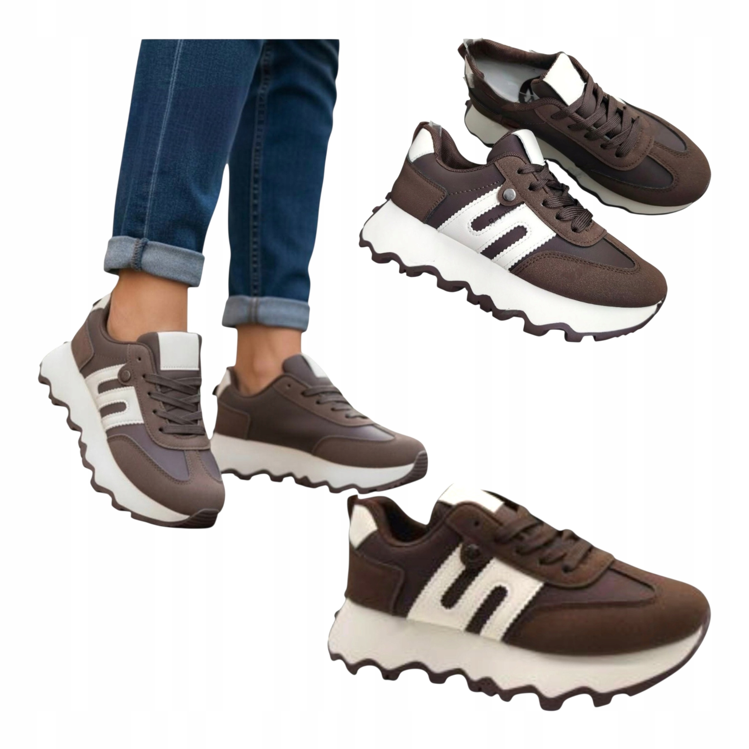 Damskie Adidasy Sportowe Sneakersy Skórzane na Wysoka Platforma Brązowe 38