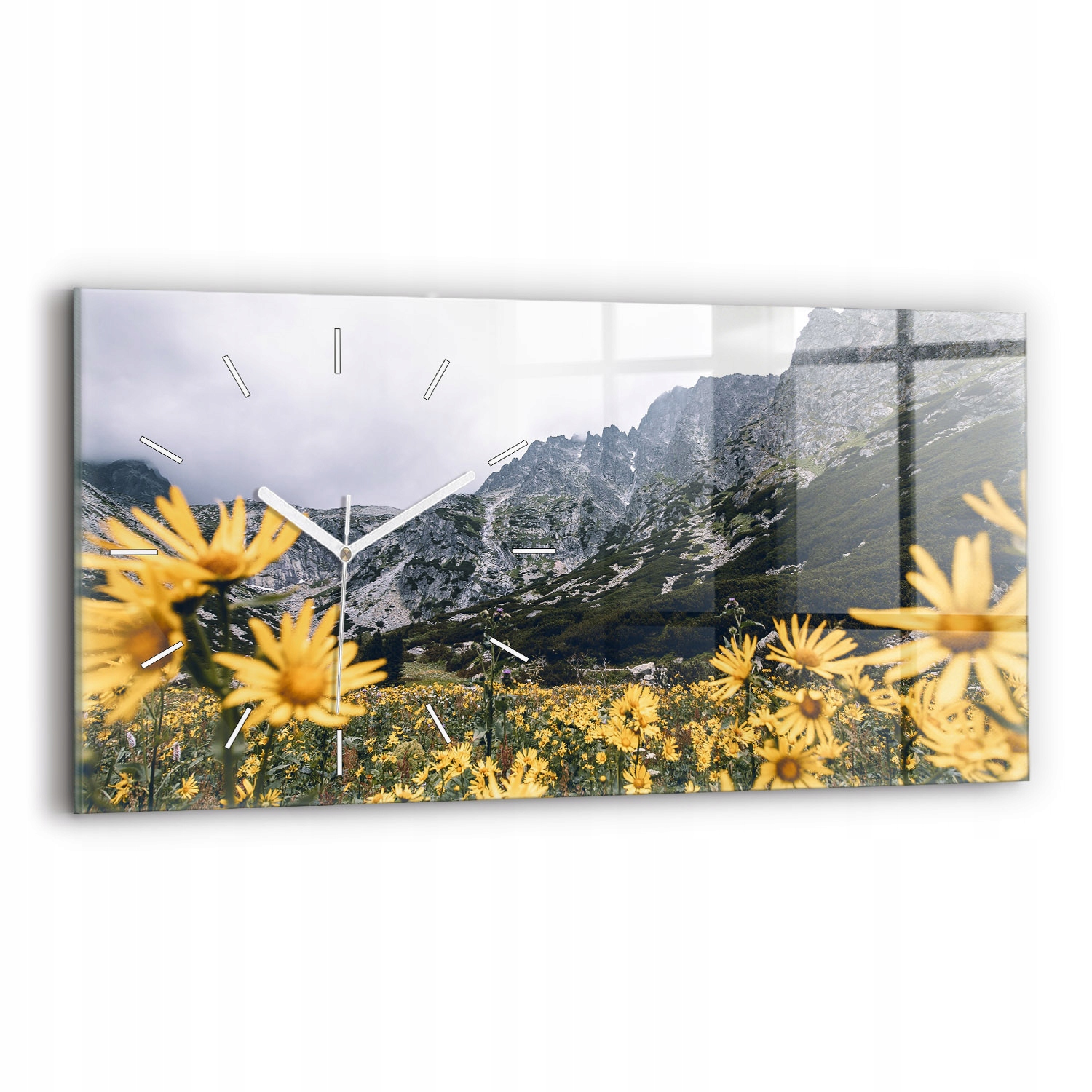 Dekorativní nástěnné hodiny s krásnou grafikou, úroveň 60 x 30 cm, louka, květiny v horách