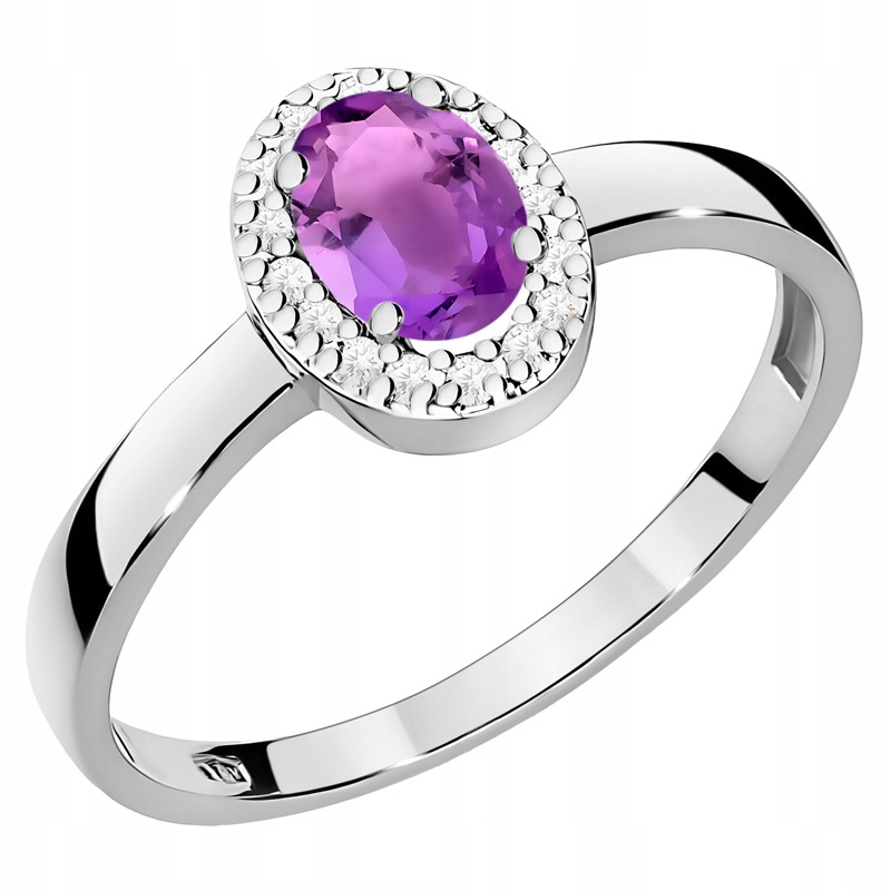 Złoty Pierścionek pr. 585 14k z Ametystem 0,40ct i Brylantami 0,08ct