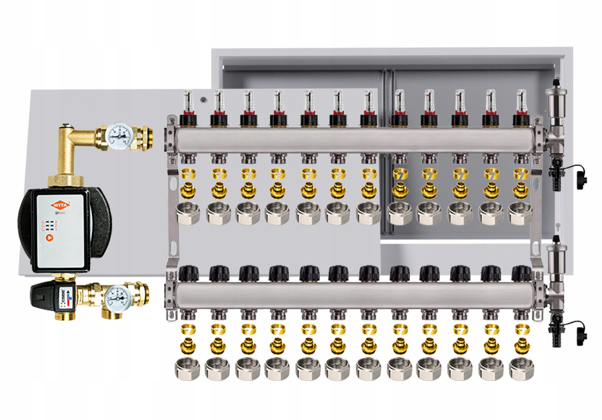 Nerezový rozdeľovač na podlahu 12 okruhov s čerpadlom Wita skrinka Pex
