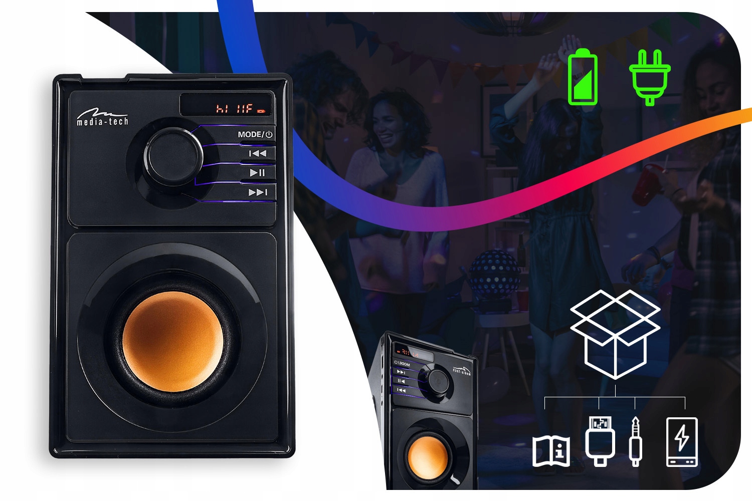 DREWNIANE RADIO PRZENOŚNE BEZPRZEWODOWE Z GŁOŚNIK BLUETOOTH MP3 Marka PartyTech