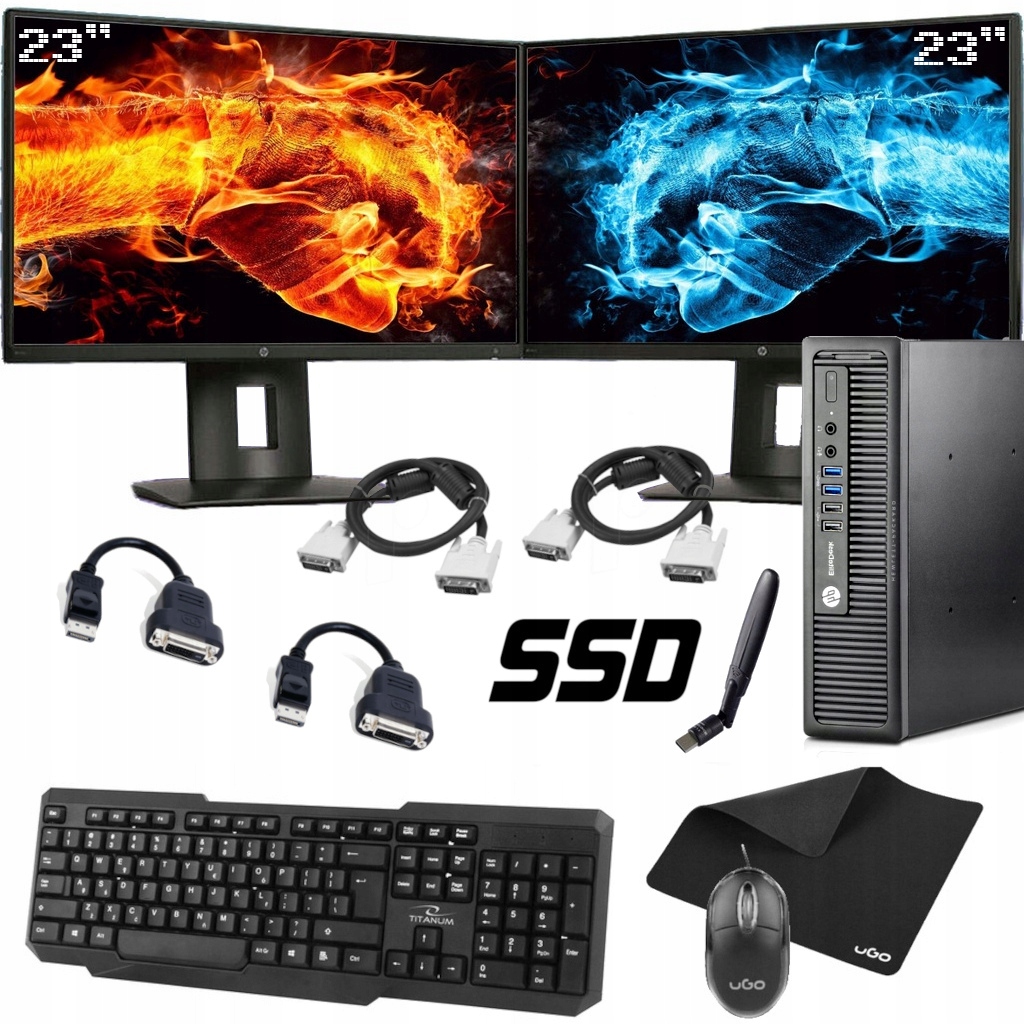 ZESTAW PC DWA MONITORY HP 800 G1 Core 3.4GHz 8/960GB SSD WiFi LED 23' WIN11