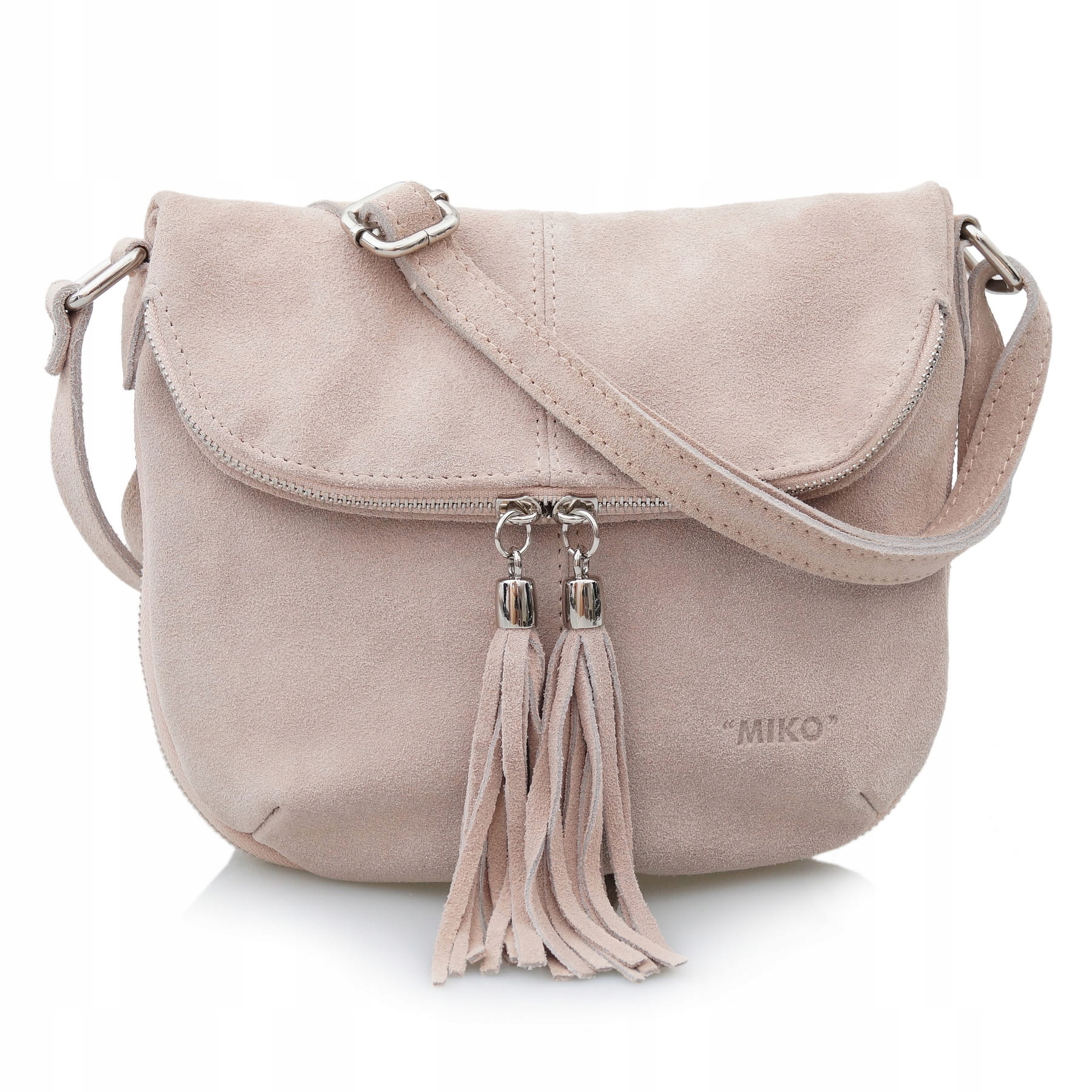 Vera Pelle torebka zamszowa listonoszka z paskiem i frędzelkami J.różowa