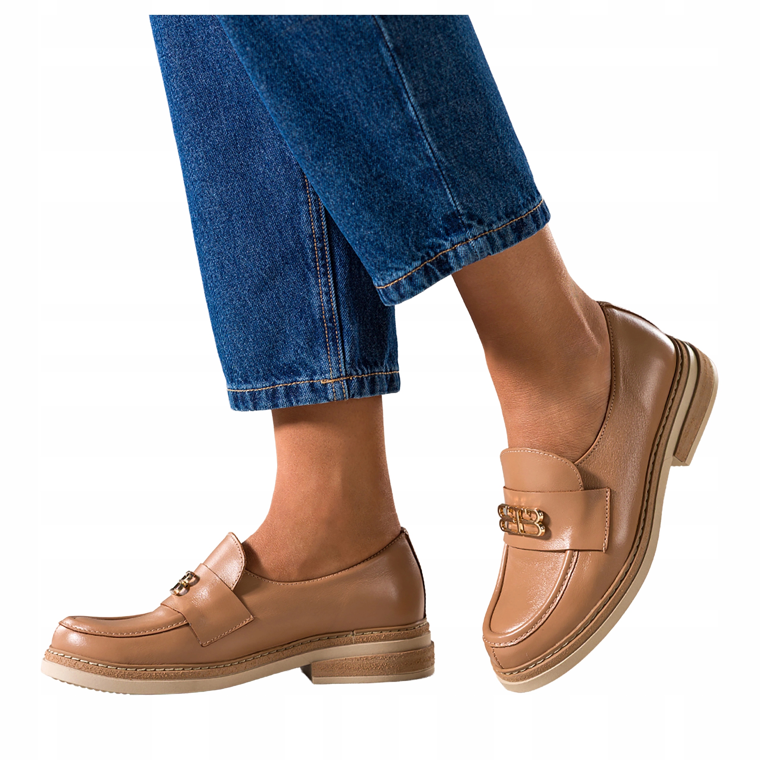 Camelové Mokasíny Dámské Kožené Polské Zlaté Ozdoba Pohodlné Módní vel 40