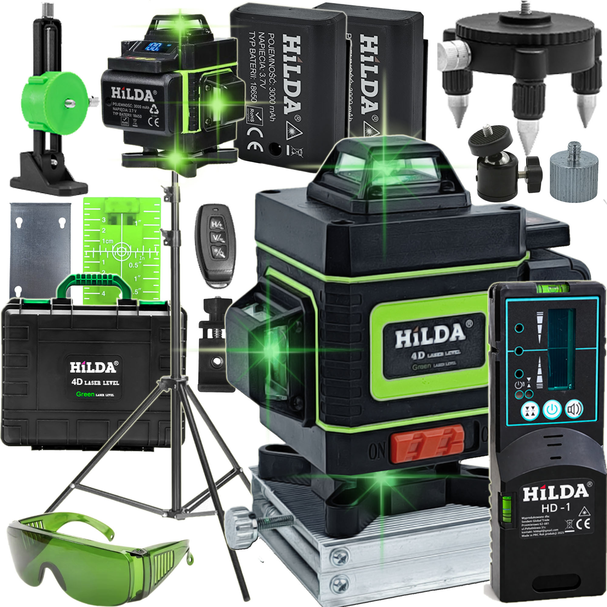 Poziomica Laserowa Hilda 4D Laser Krzyżowy Statyw 200 CM Odbiornik Detektor