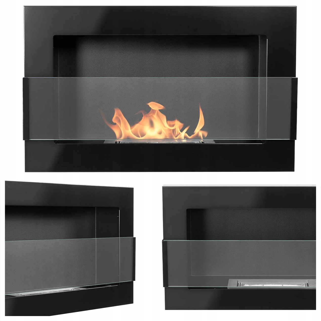 Závesný Biokrb So Sklom 65X40X12 CM, Regulácia Plameňa, Čierny Lesk