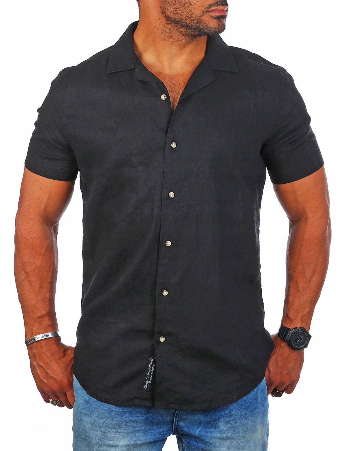 Lněná Pánská Košile Volný Kubánský Límec Len Černá M