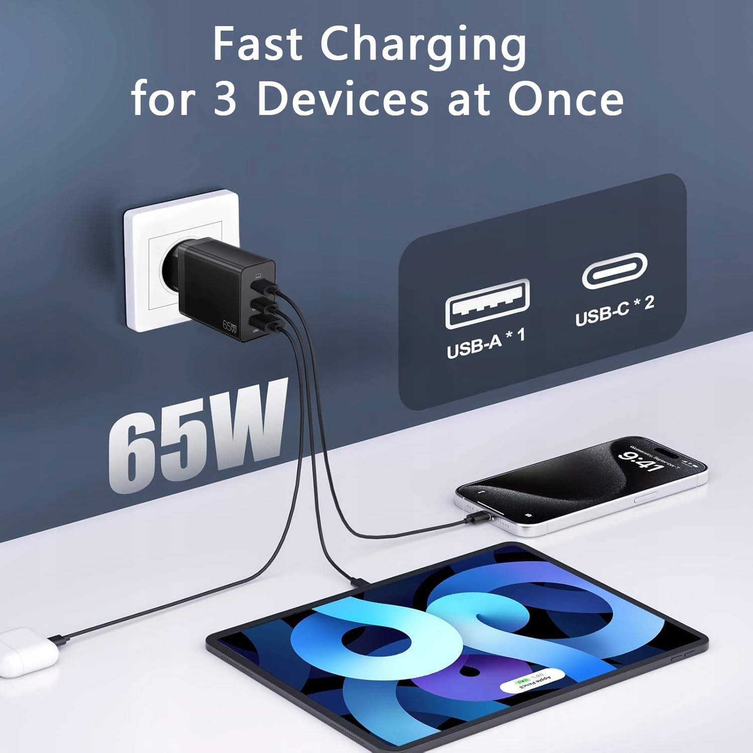nongxiang Ładowarka USB C 65W 3 Porty Szybkie Ładowanie do Laptopów — miniatura 5