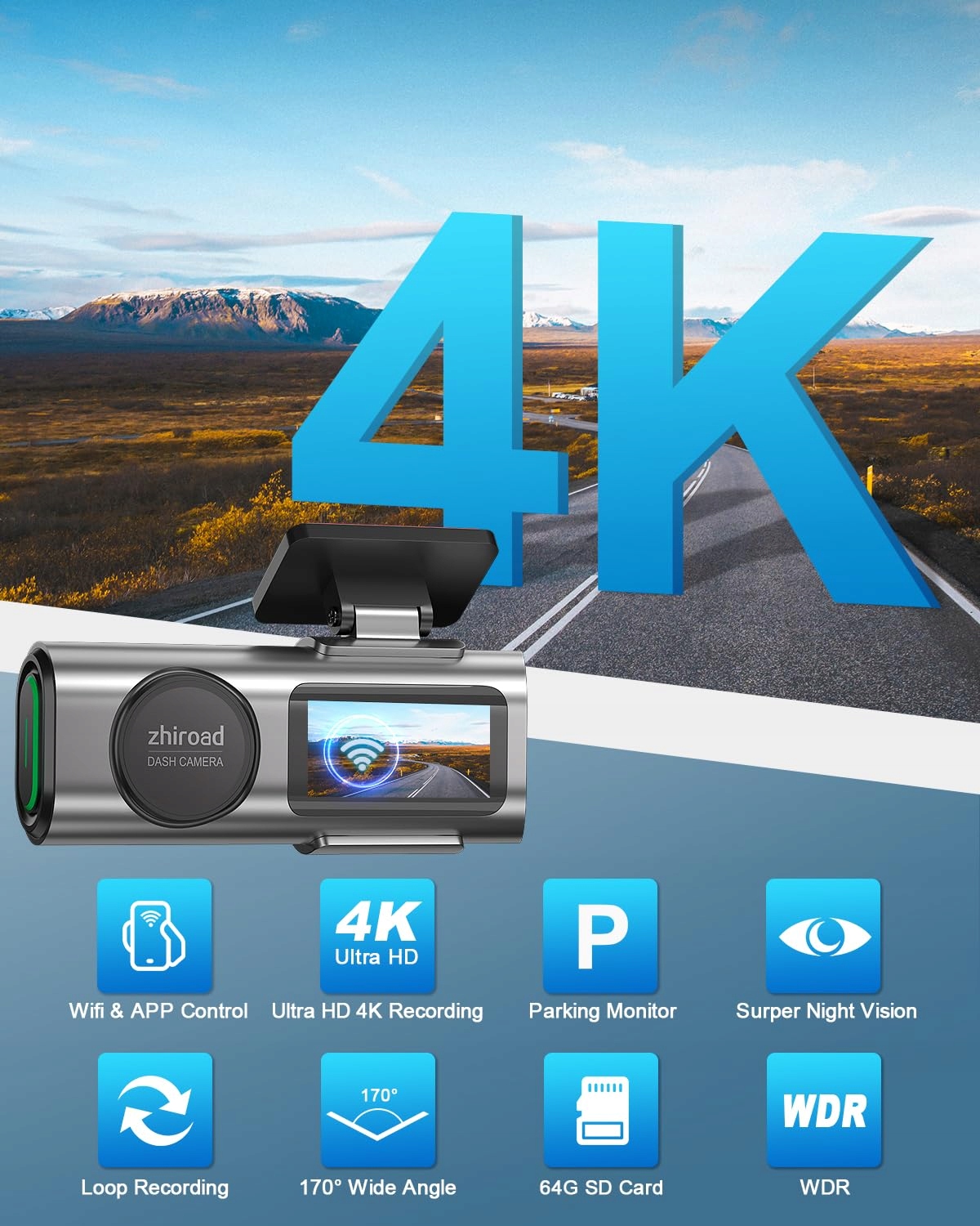 zhiroad Kamera Samochodowa 4K WiFi 170° Nocne Widzenie 64GB SD 24H Monitor — miniatura 2