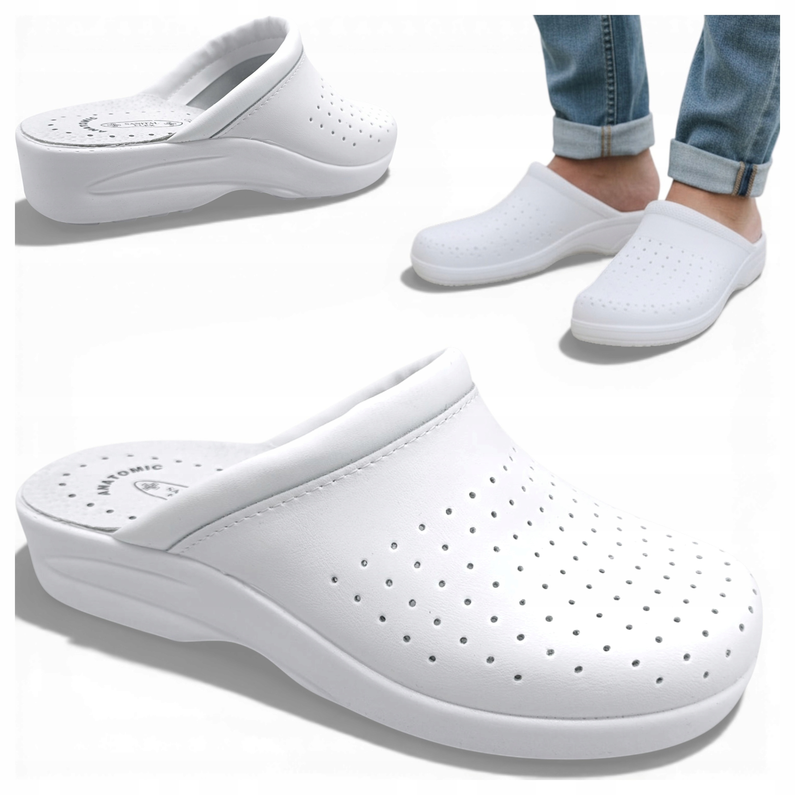 Klapki Męskie Medyczne Skórzane 45 Zdrowotne Sanitarne Profilowane Białe