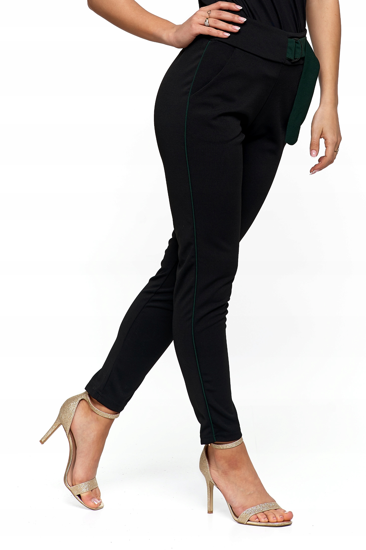 SPODNIE DAMSKIE z Ozdobnym Zielonym Paskiem Czarne Modne MORAJ L/XL Marka Moraj