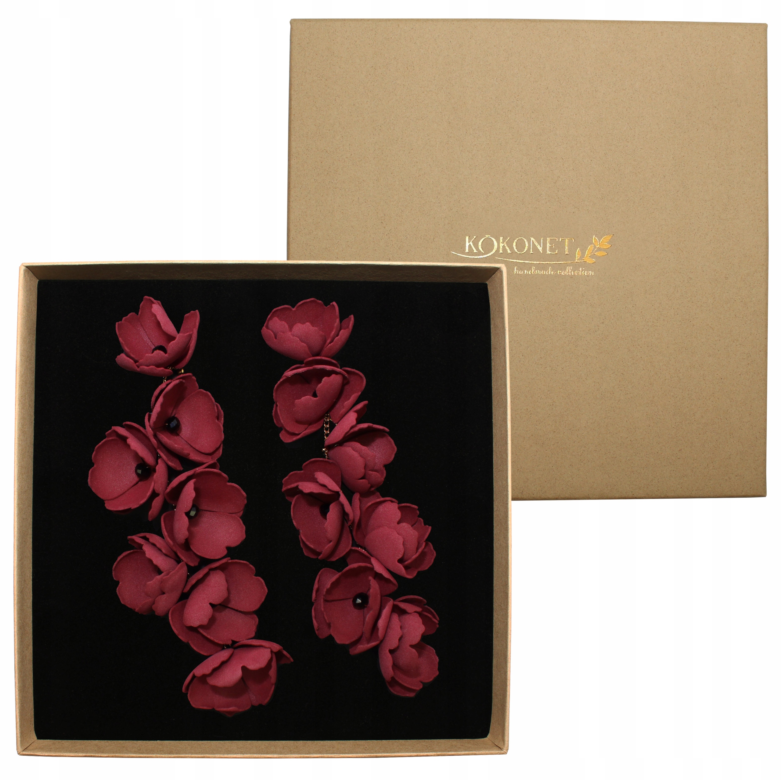 Náušnice zlaté tmavé květy Velké ručně vyrobené dlouhé