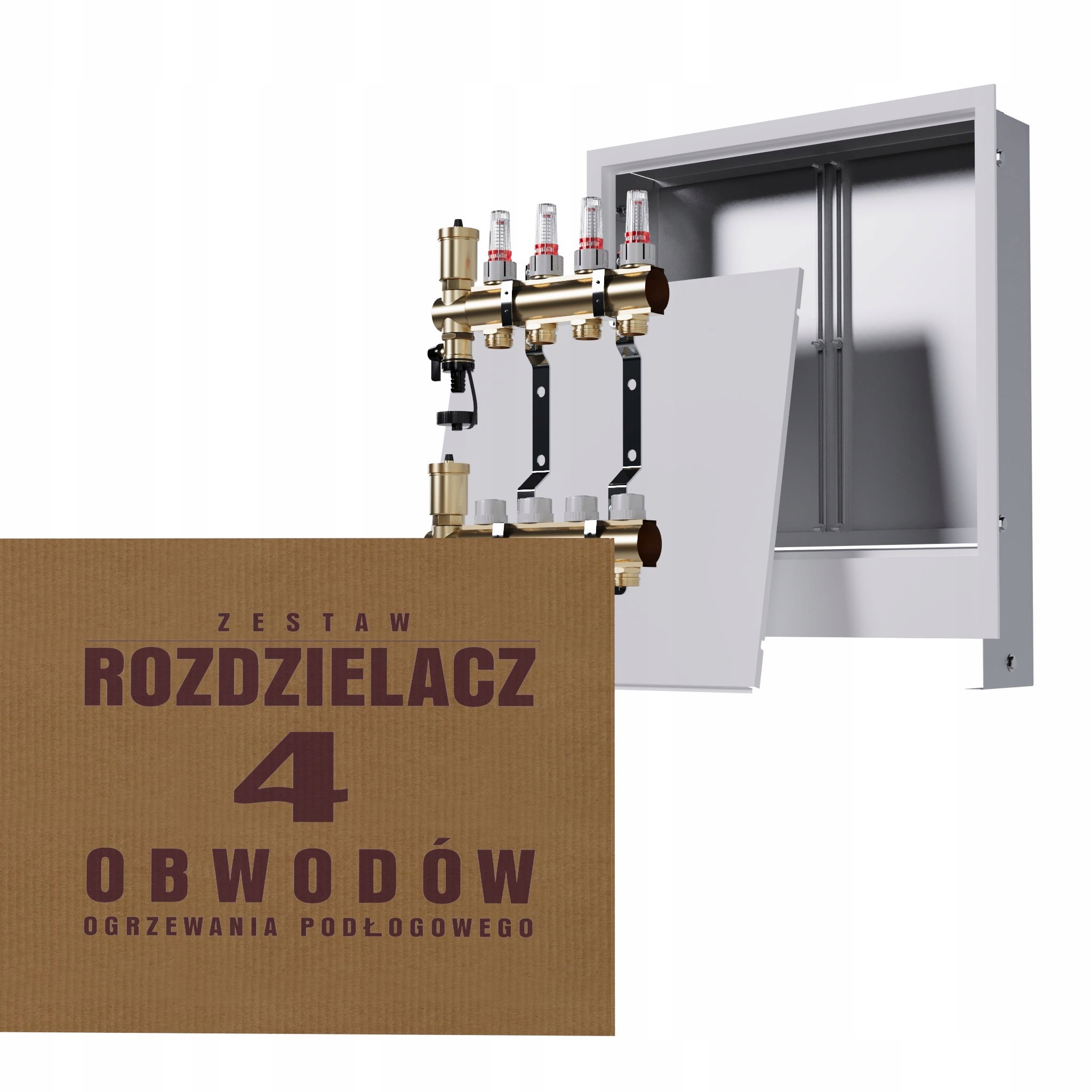 Rozdělovač pro 4-okruhovou mosaznou podlahu a podomítkový box, bílý