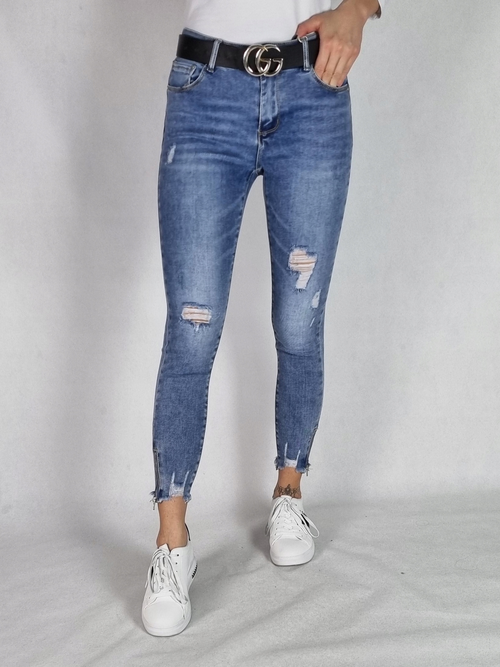 M.SARA SPODNIE JEANS 7/8 Z DZIURAMI I ZAMKIEM 26 Fason rurki