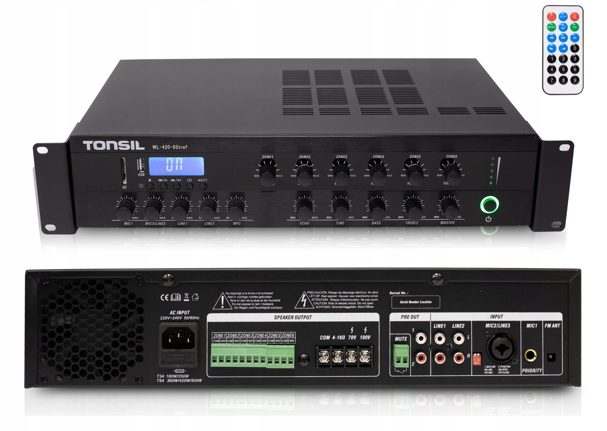 Zesilovač Tonsil Wl 420W Profesionální 100V Bluetooth Bt Fm Usb 2U 6 Zón