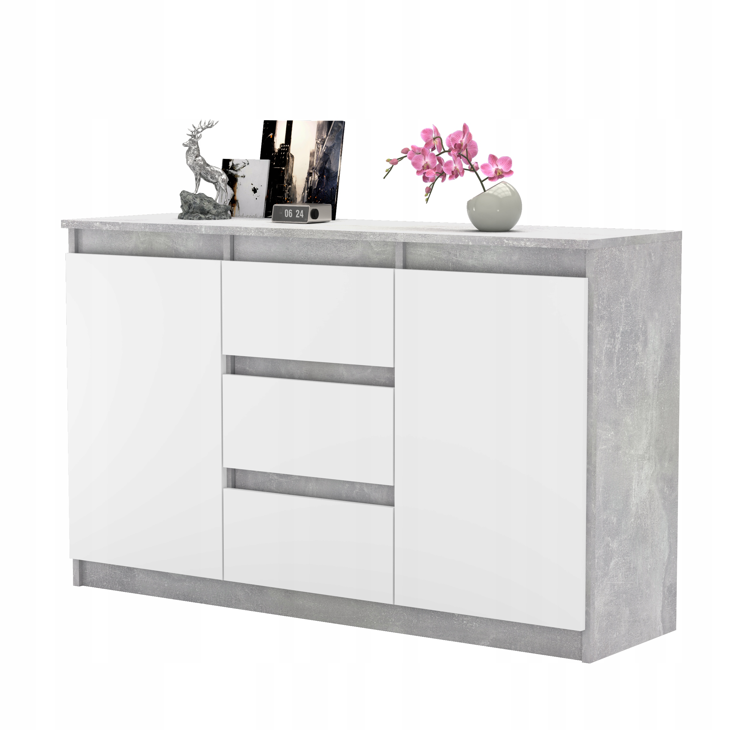 Komoda AGA 120CM BETON/BIAŁY MAT Pojemna Szafka 3 Szuflady MIX KOLORÓW Kolekcja Komoda bezuchwytowa