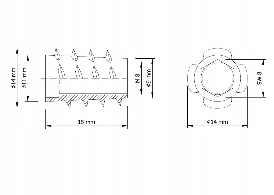 100x mufa M8 x 15 mm wkręcana do drewna stalowa wpustka Kod producenta 13.236