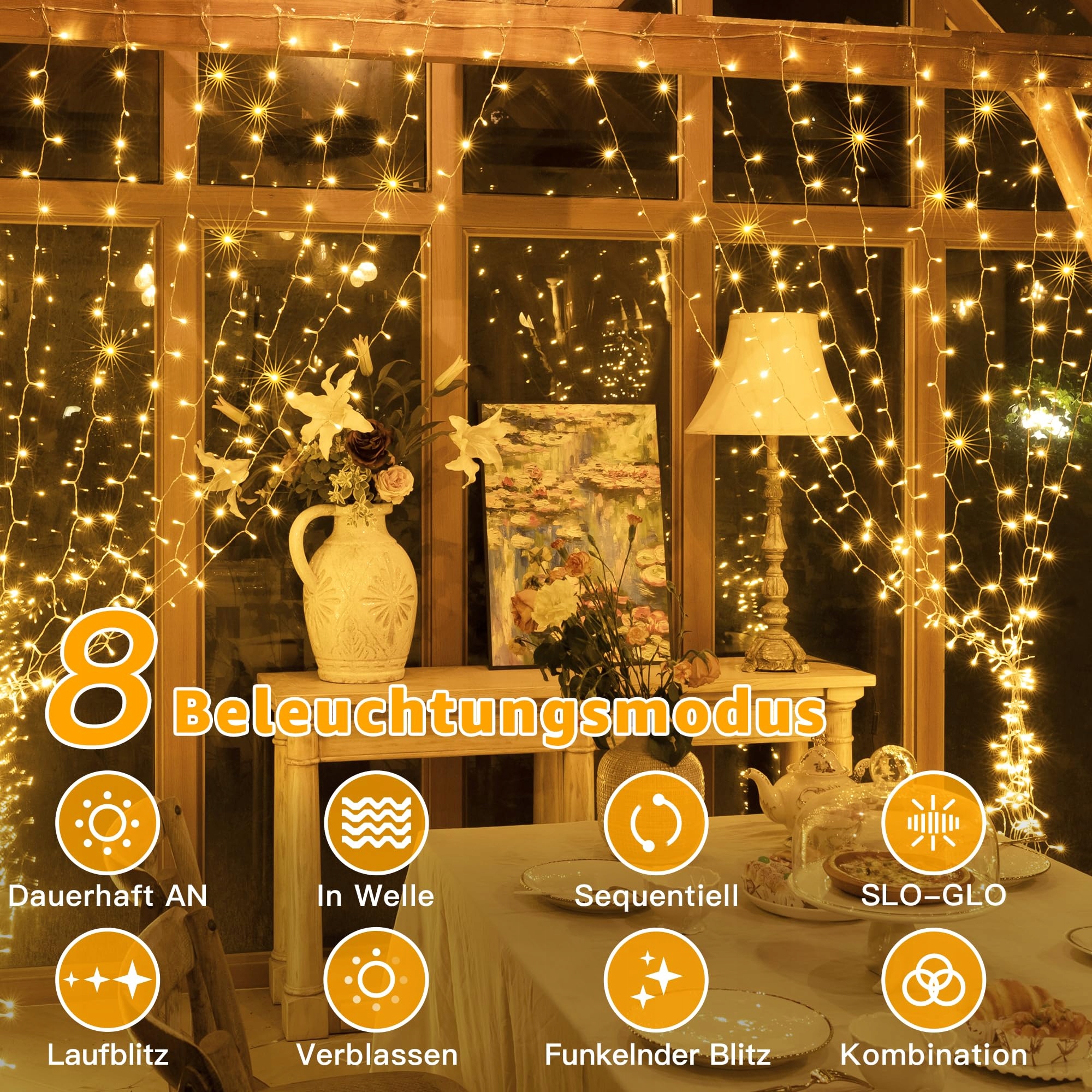 OLLNY Kurtyna LED 2x2m 200 LED Ciepłe Światło 8 Trybów Timer Dimmable — miniatura 4