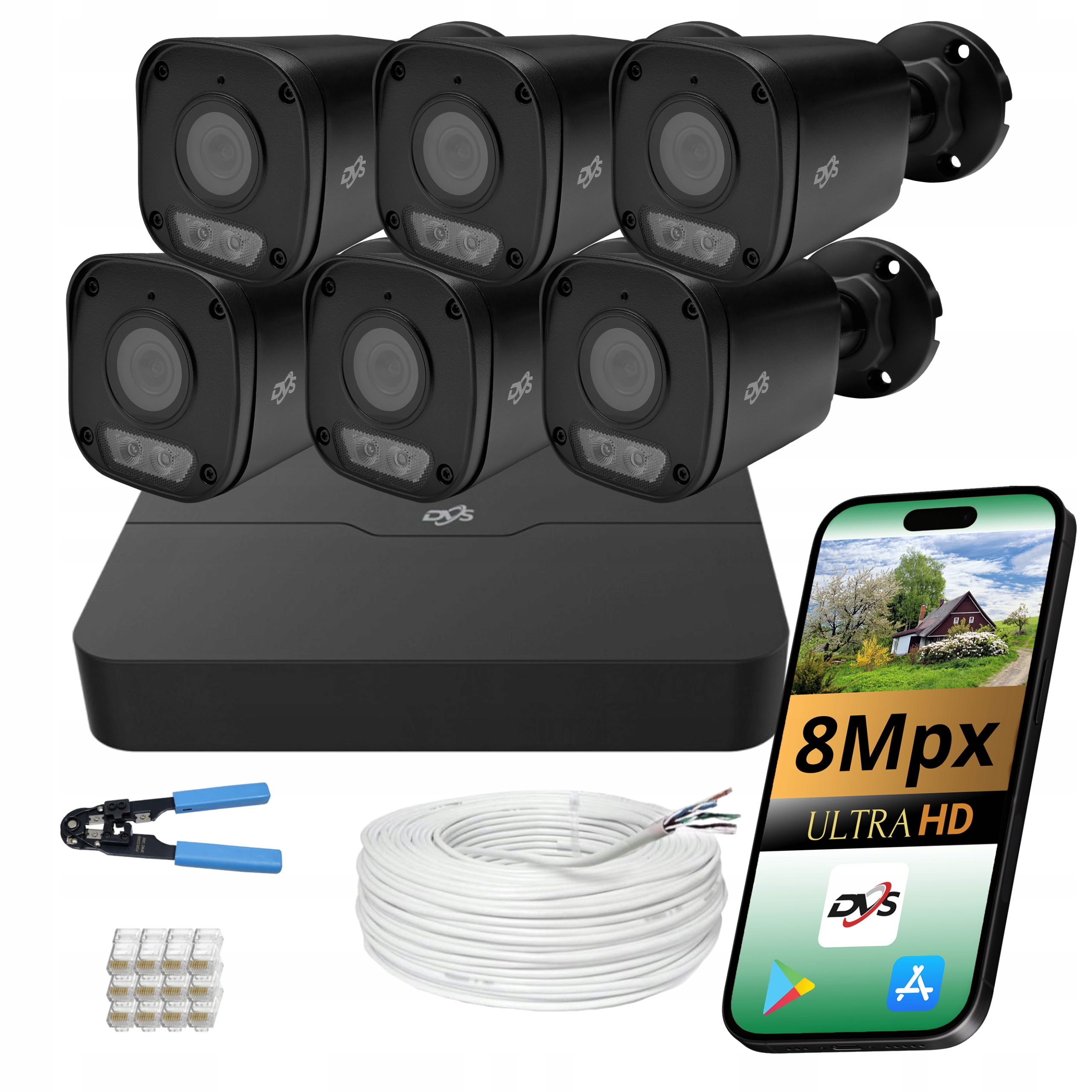 Sada 6 Kamer Pro Monitorování Dvs 4K Ip Kamera Poe Dual Light Venkovní Černá