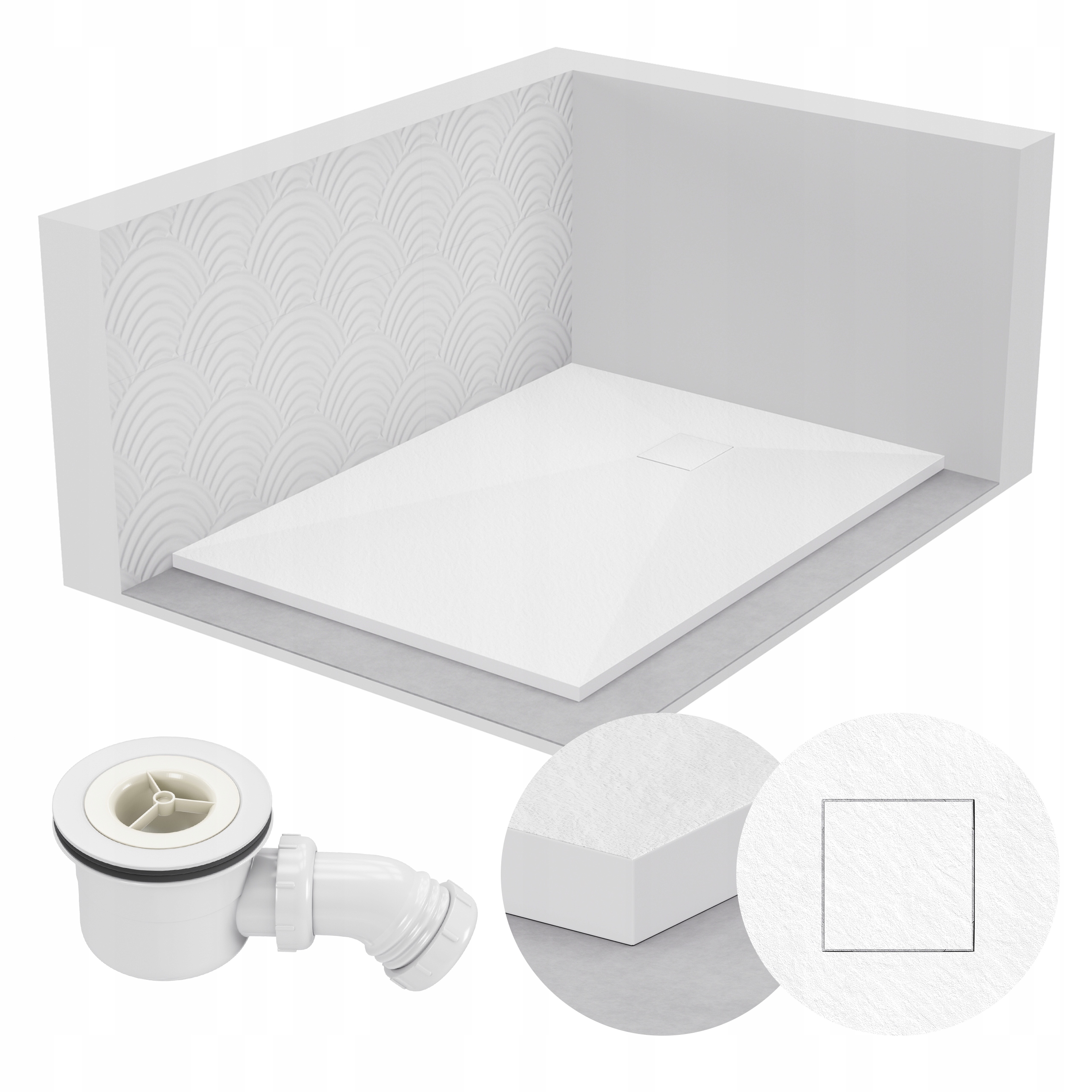 Sprchová vanička obdélníková 120x90 kamenný vzor 2,6 cm bílá sifon