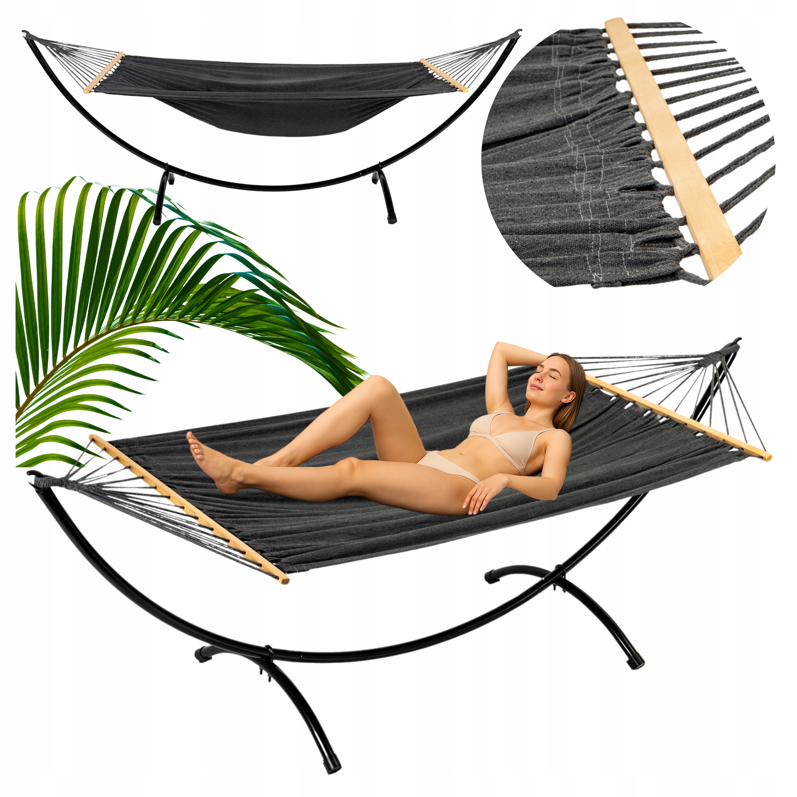 Hamak Ze Stelażem Ogrodowy Mocny Z Drążkiem Leżanka Huśtawka Solidny Czarny