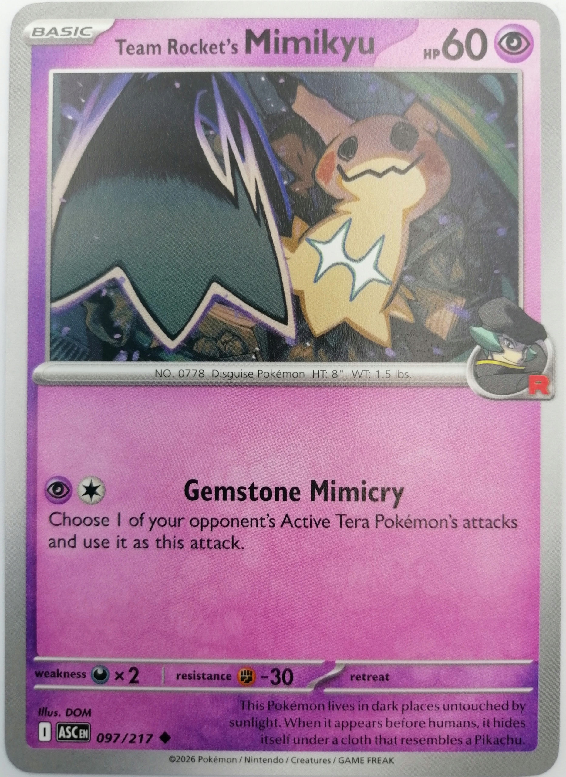 Asc Team Rocket's Mimikyu 97/217 Psychic Oryginalna karta Pokemon Tcg