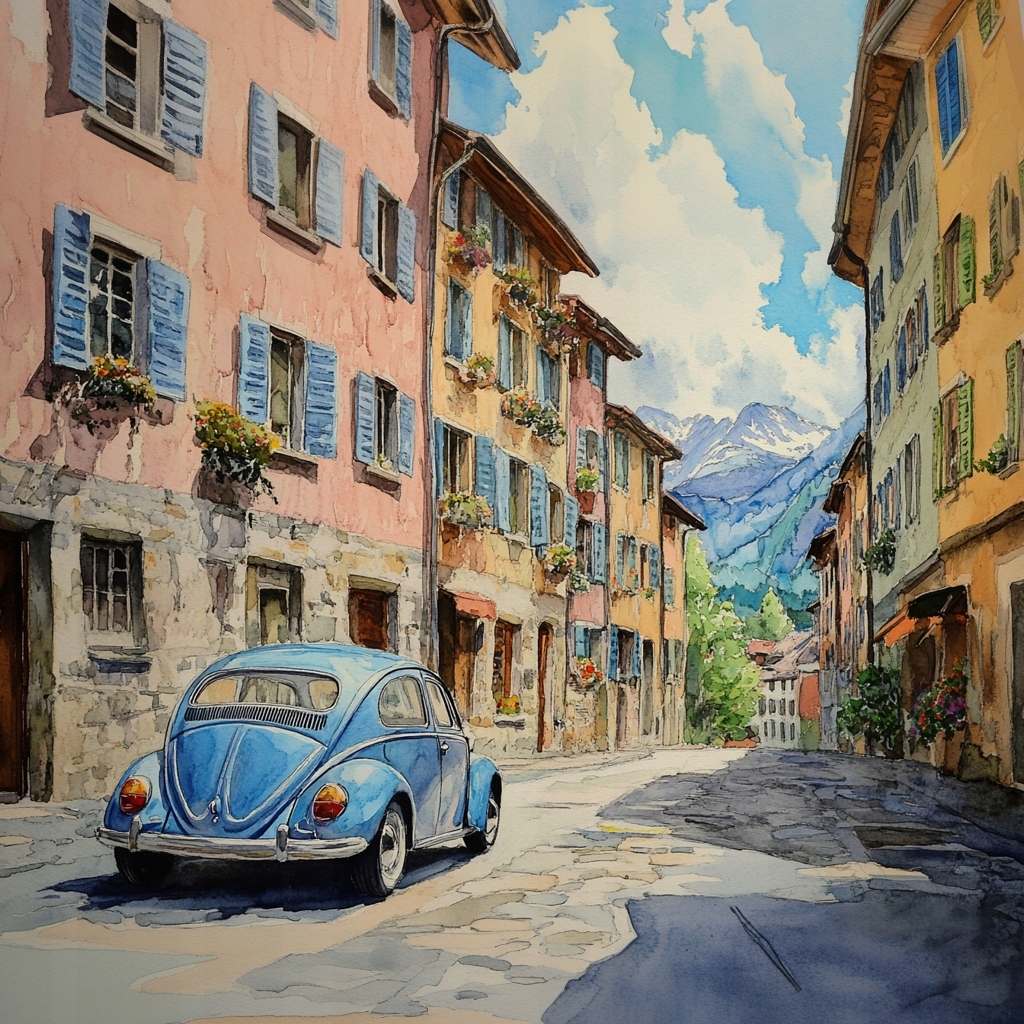 Obraz Na Plátně Canvas Město Městečko Ulička Modré Auto 80x80