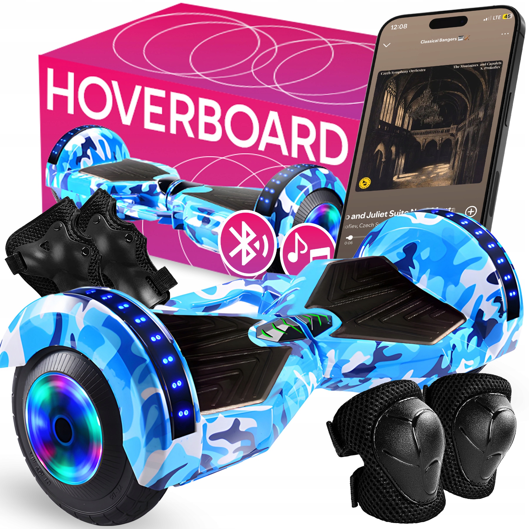 Hoverboard Elektrický Skateboard Led Deska Reproduktor Bt 8 Palců Chrániče