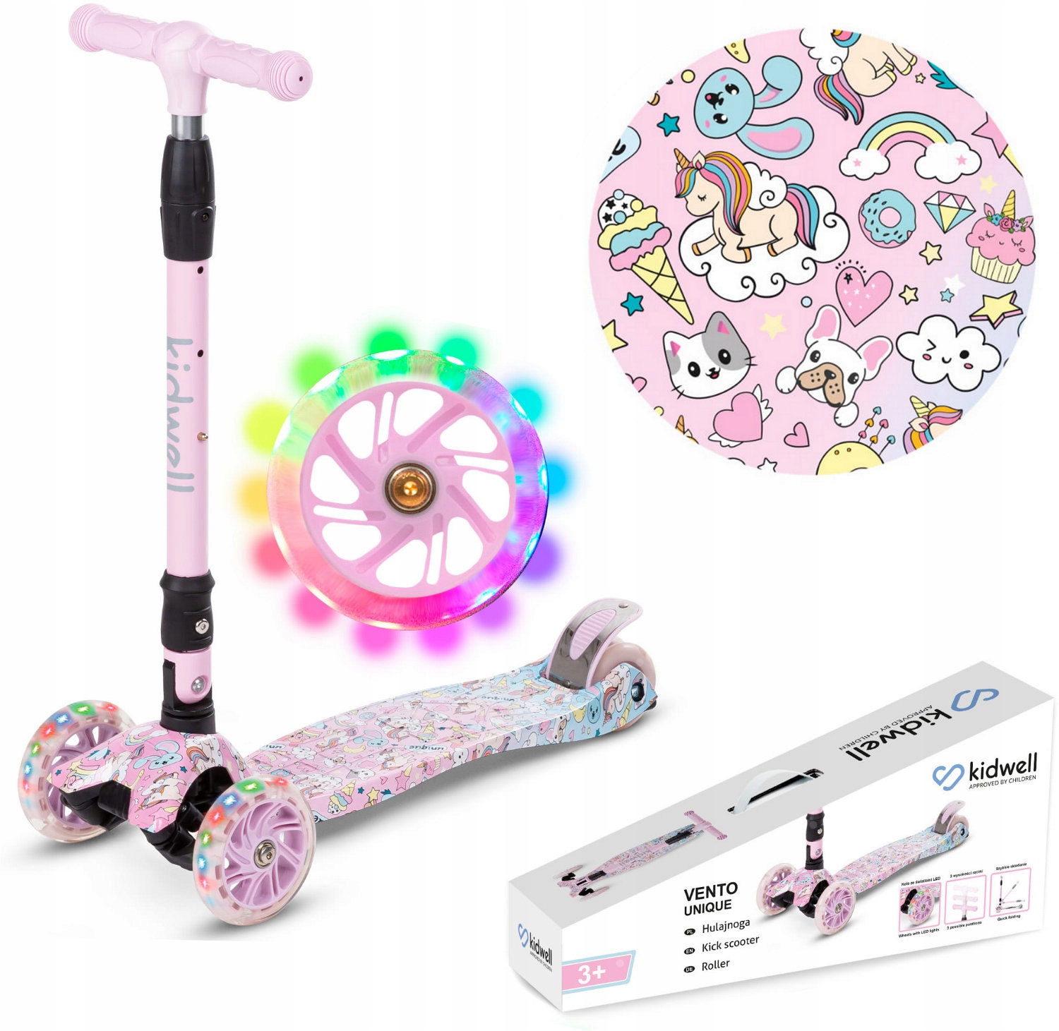 Hulajnoga Balansowa Trójkołowa Vento Unique Unicorn Jednorożec Do 50kg Led