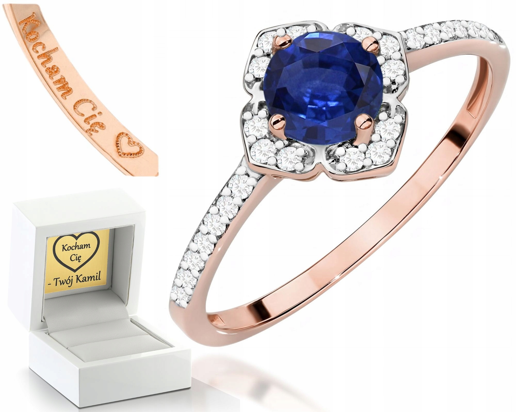 Růžový Zlatý Prstýnek Se Safírem A Diamanty 585 Zlato Gravírování Dárek