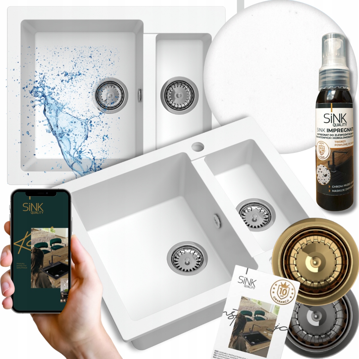 Kuchynský Drez s polovičným náustkom Granitový biely 60 cm Sifón Automat