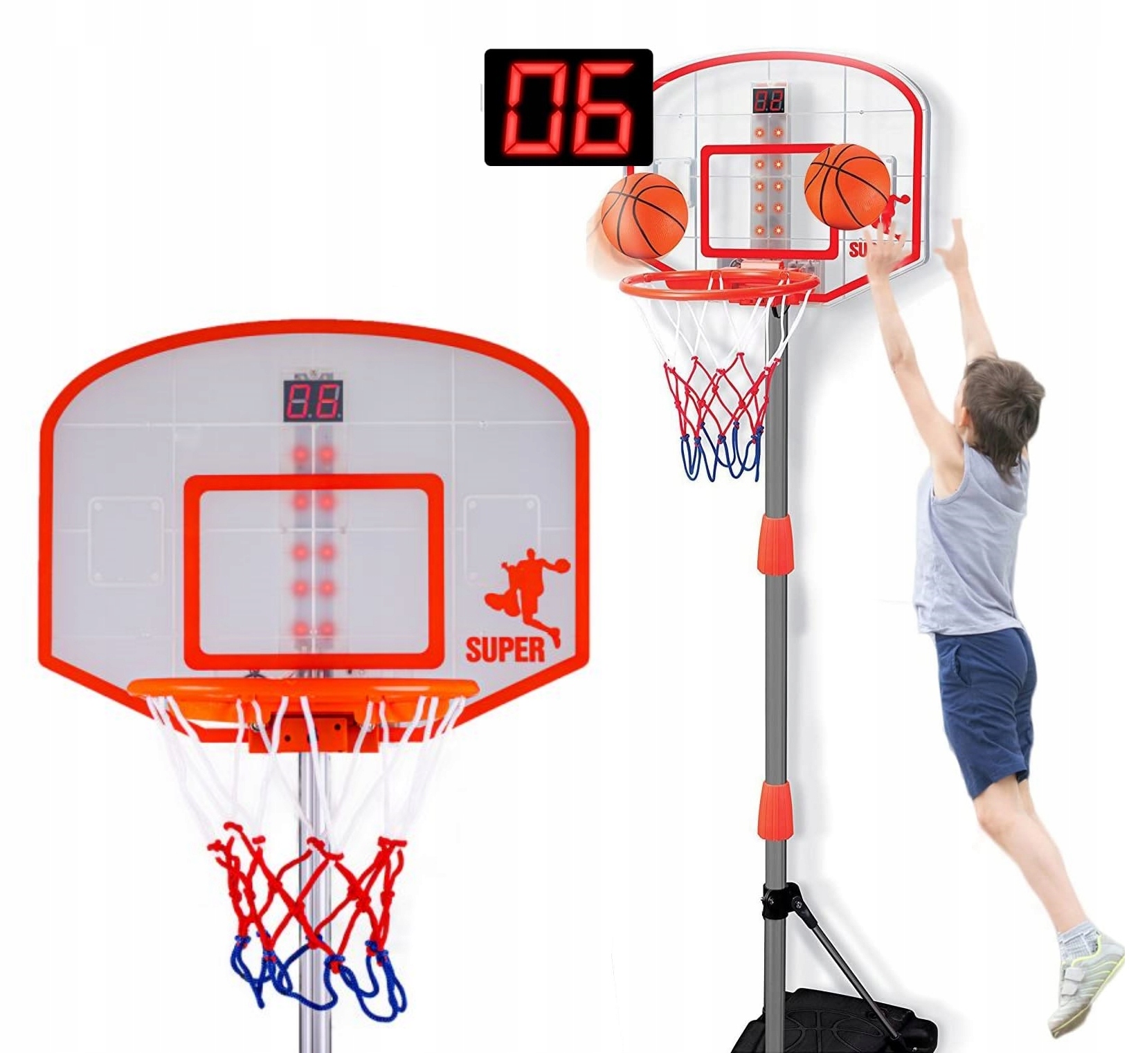 Kosz do koszykówki regulowany 100-170 cm zestaw z piłką pompką LICZNIK LED