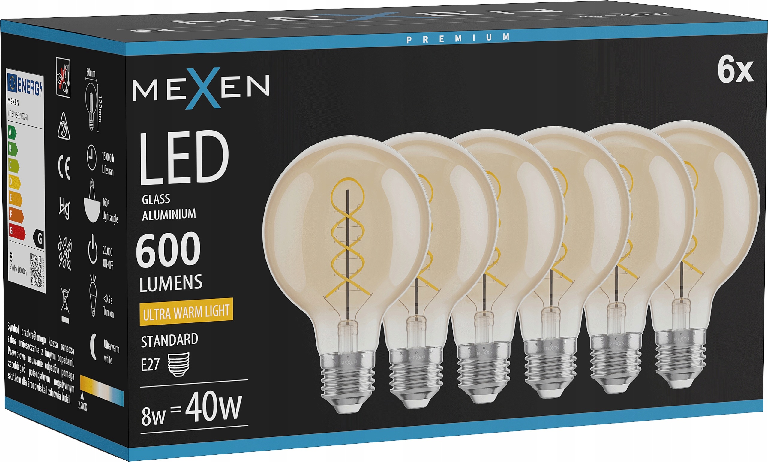 Mexen Vintis 6X Žárovka Filament Spirála Led E27 G80 8W 2200K 600 LM Amber