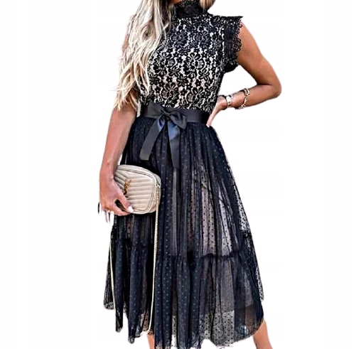 Černé MD šaty s béžovou podšívkou a krajkou, velikost 2XL