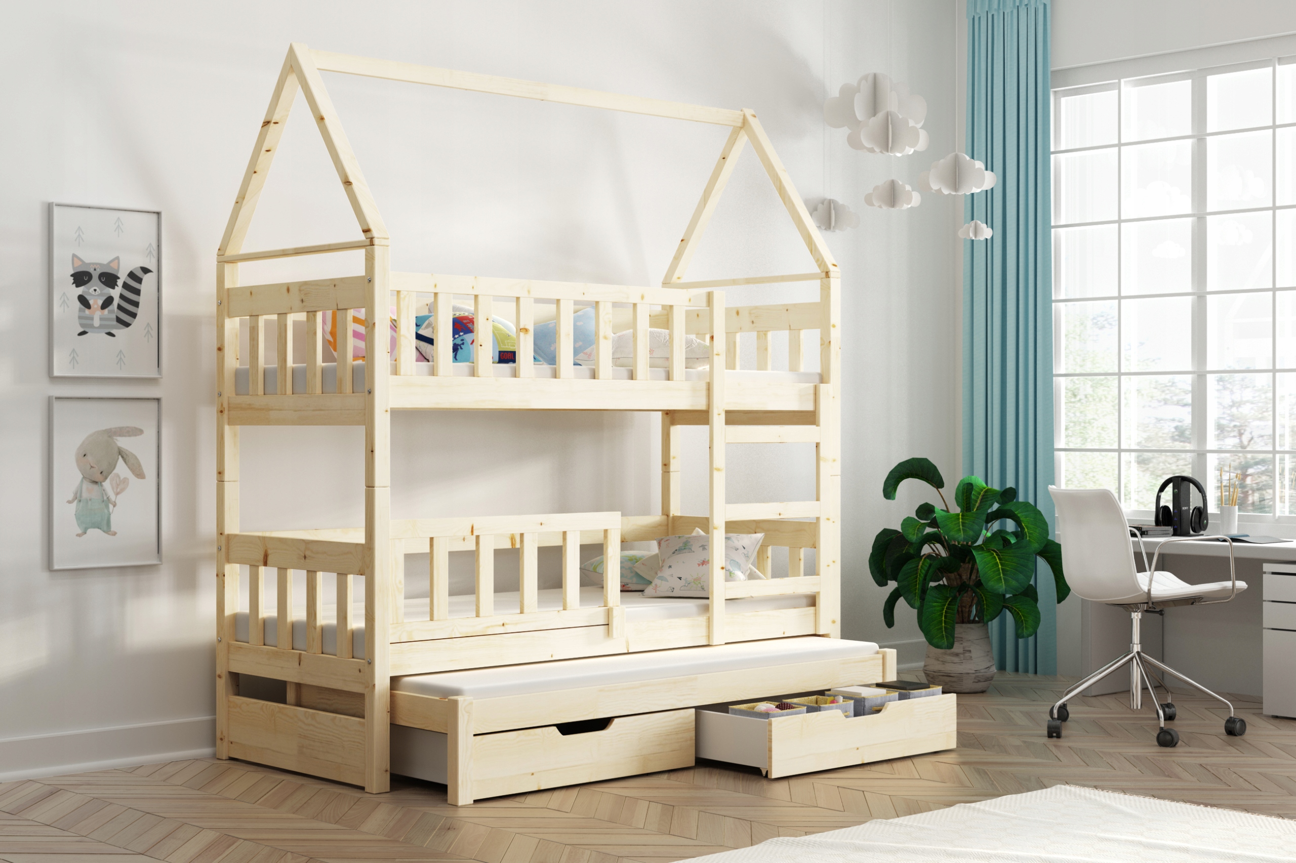 Łóżko piętrowe dla 3 osób DOMEK 160 x 75 - materace gratis ! Materiał dominujący drewno