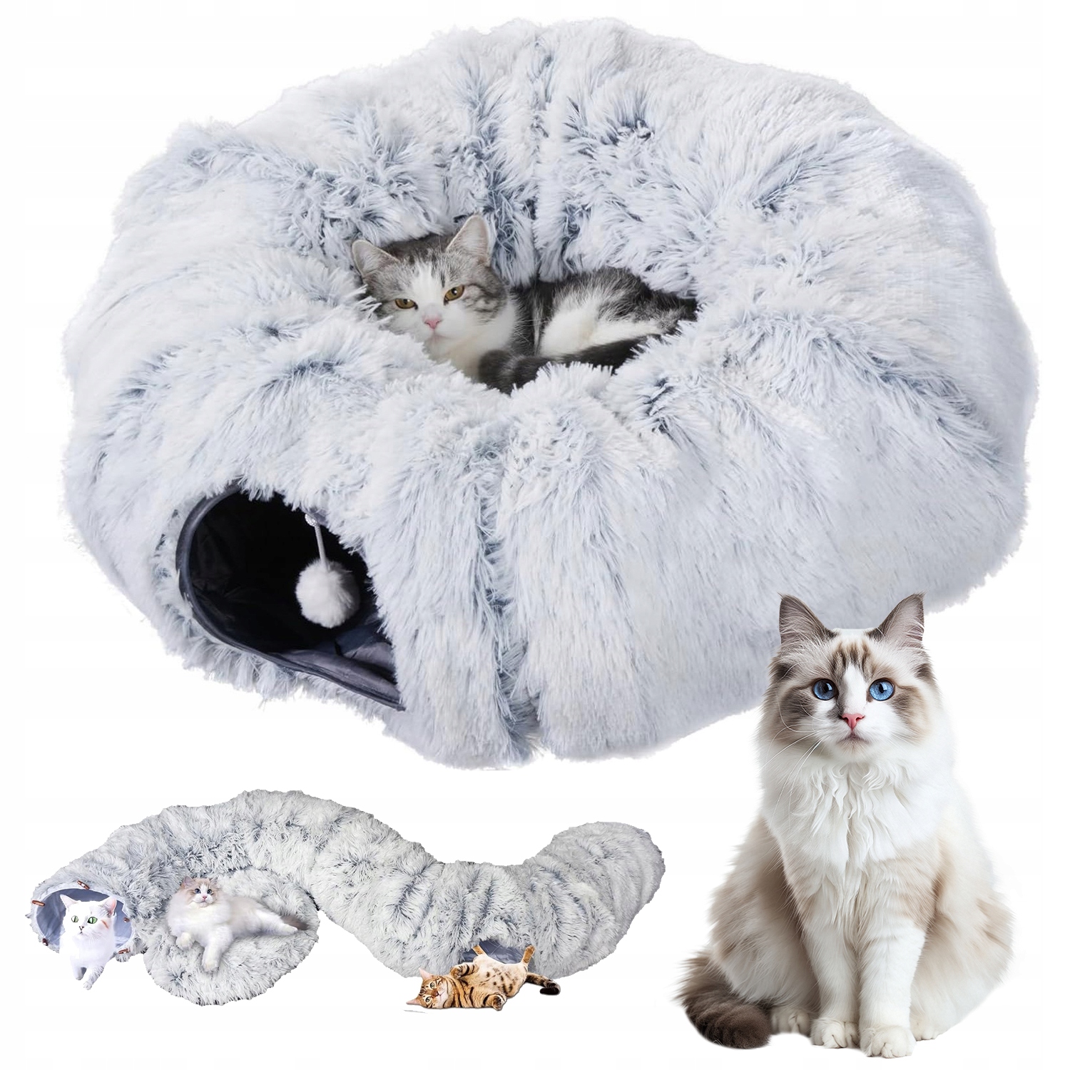 Levně Hračka Pro Kočky Kočky S Míčky Velký Šedý Tunel 170 CM Skládací Úkryt