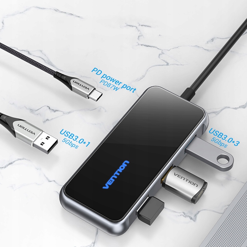 VENTION HUB USB - Type-C 5w1 - PD 87W - 4x USB3.0 Złącza USB typ C