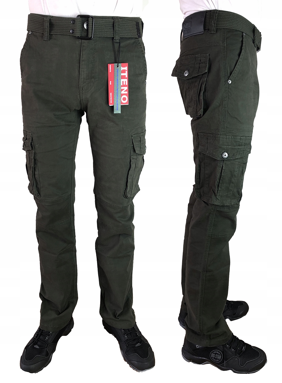 Pánské kalhoty Iteno kapsáče s kapsami zelené khaki pásek 30