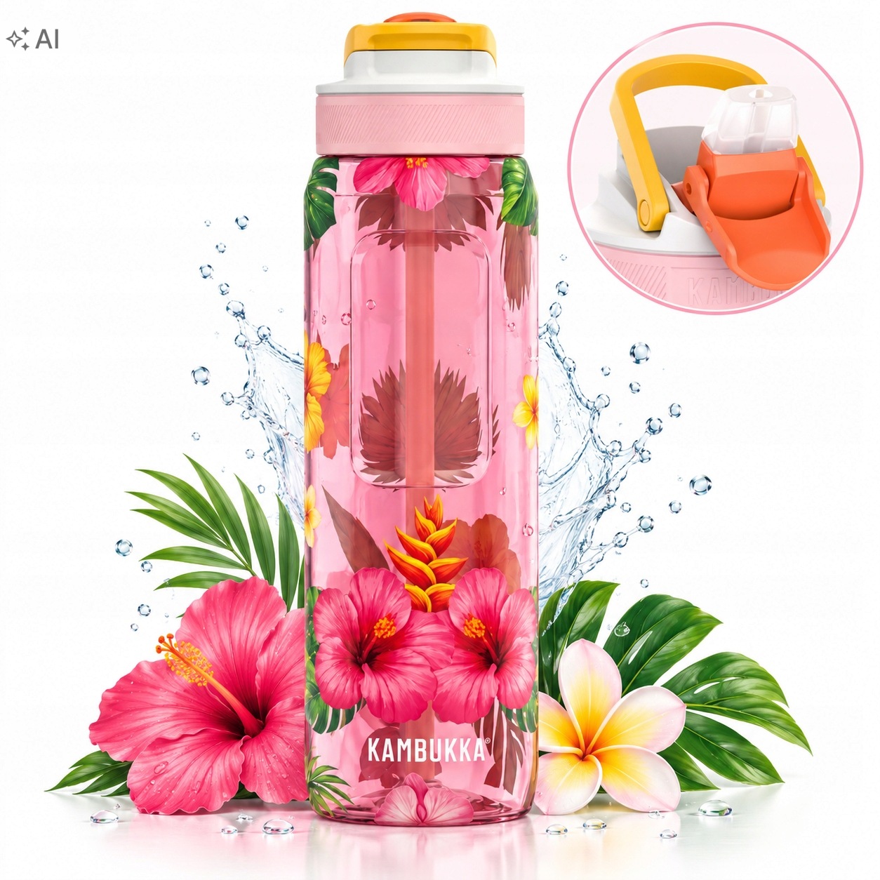 Láhev na vodu s brčkem láhev na pití sport Kambukka Lagoon 1000 ml Tropical Bloom