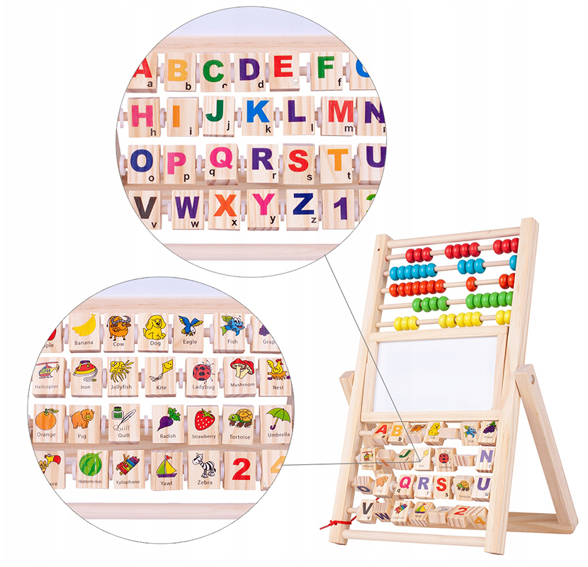 DREWNIANA TABLICA KREDOWA DWUSTRONNA EDUKACYJNA LICZYDŁO ALFABET +AKCESORIA Wiek dziecka 3 lata +