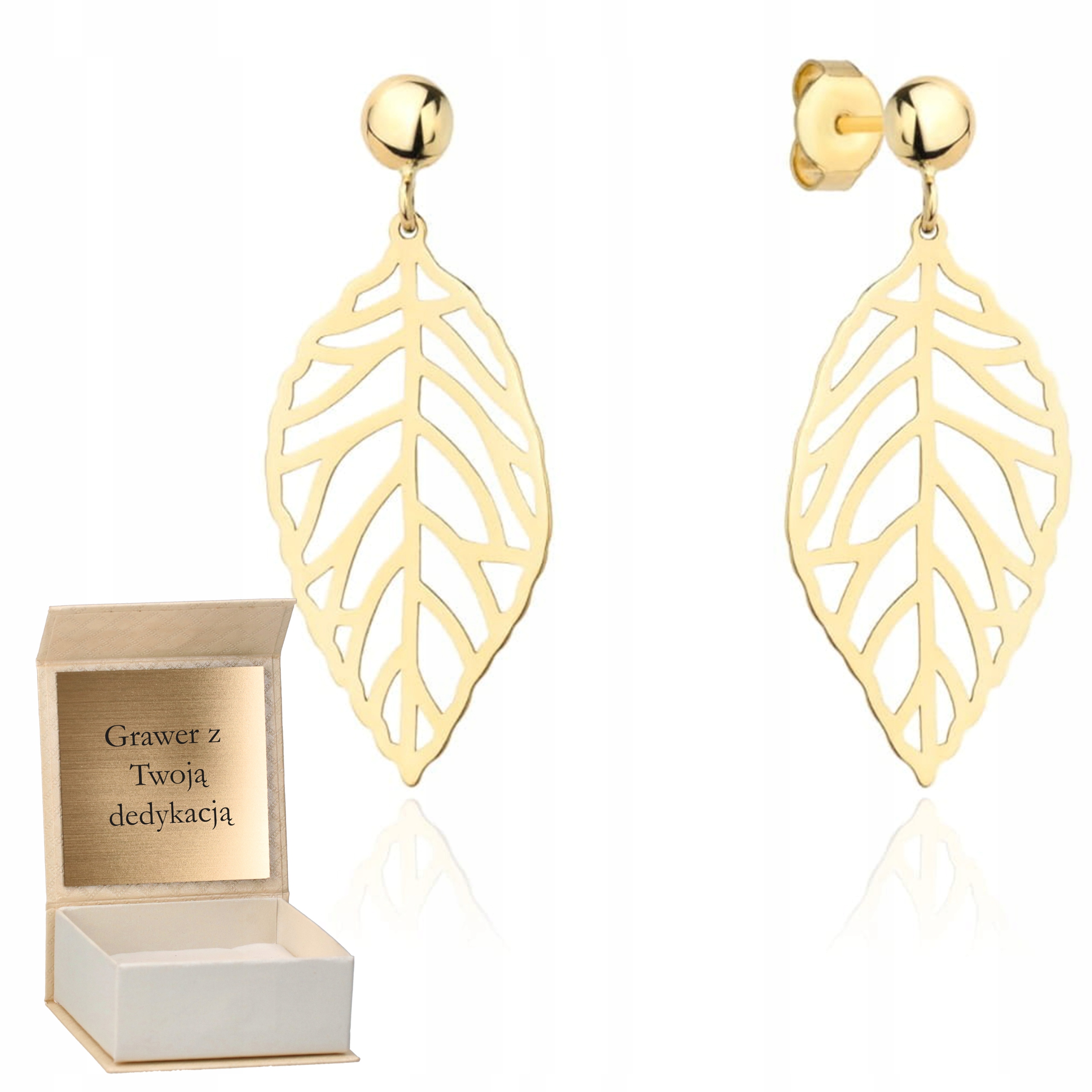 Zlaté náušnice Závěsné ažurové listy tyčinka zlato ryzost 585 Gravírování