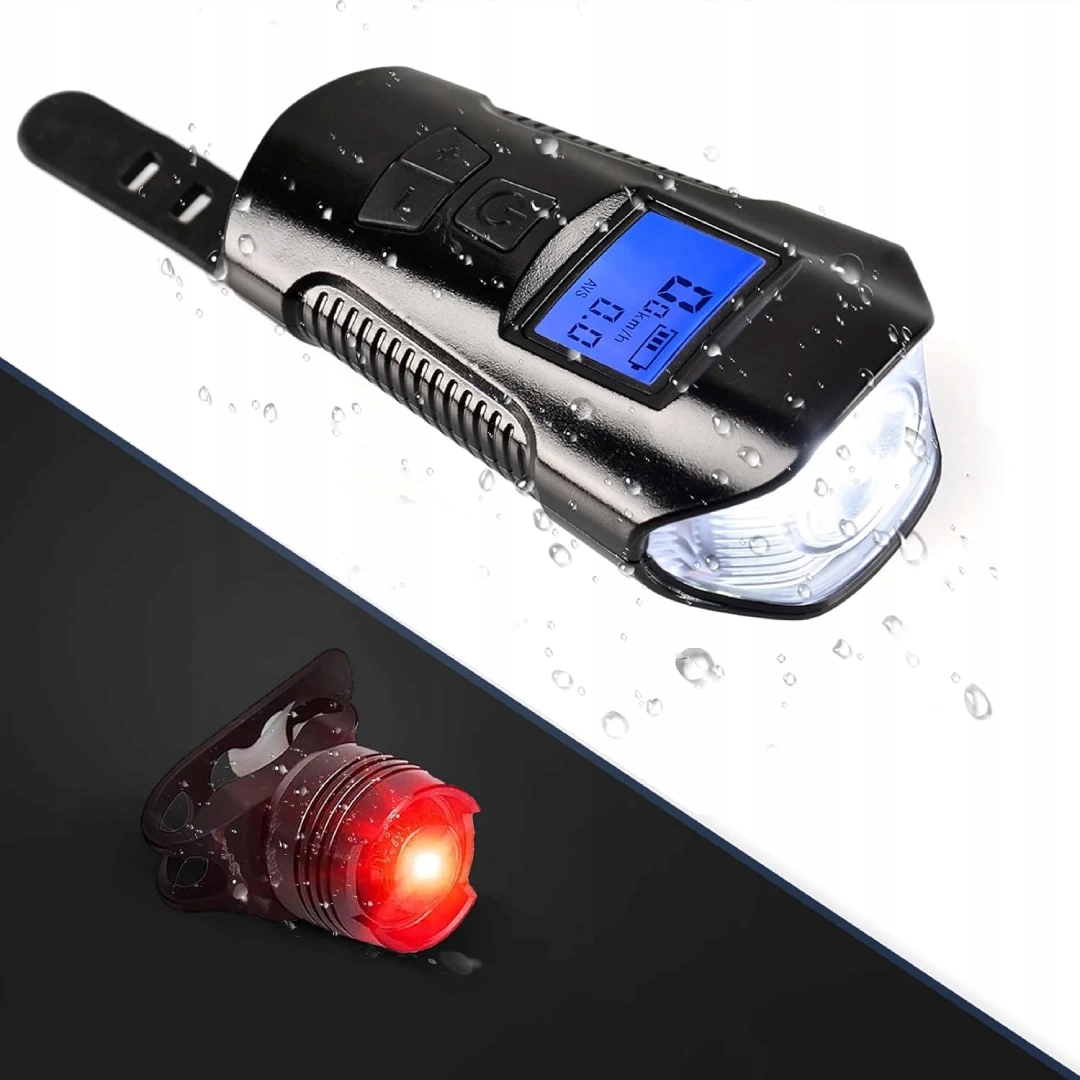 Lampka Rowerowa z Licznikiem Zestaw Przód Tył + Prędkościomierz Dzwonek Zawartość zestawu akumulator baterie lampka uchwyt na kierownicę
