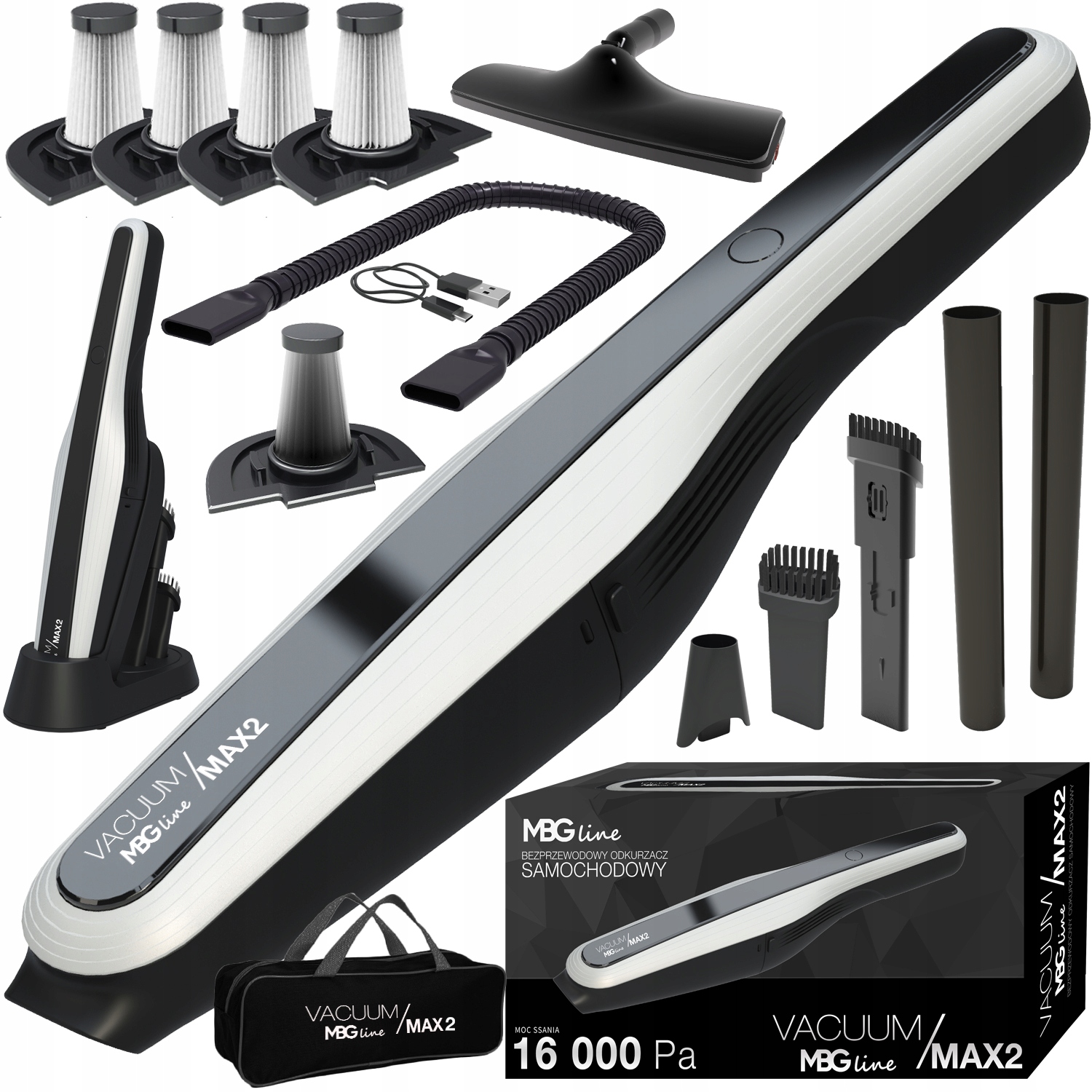 Odkurzacz Samochodowy Bezprzewodowy MOCNY 16KPA Zestaw Końcówek Filtrów