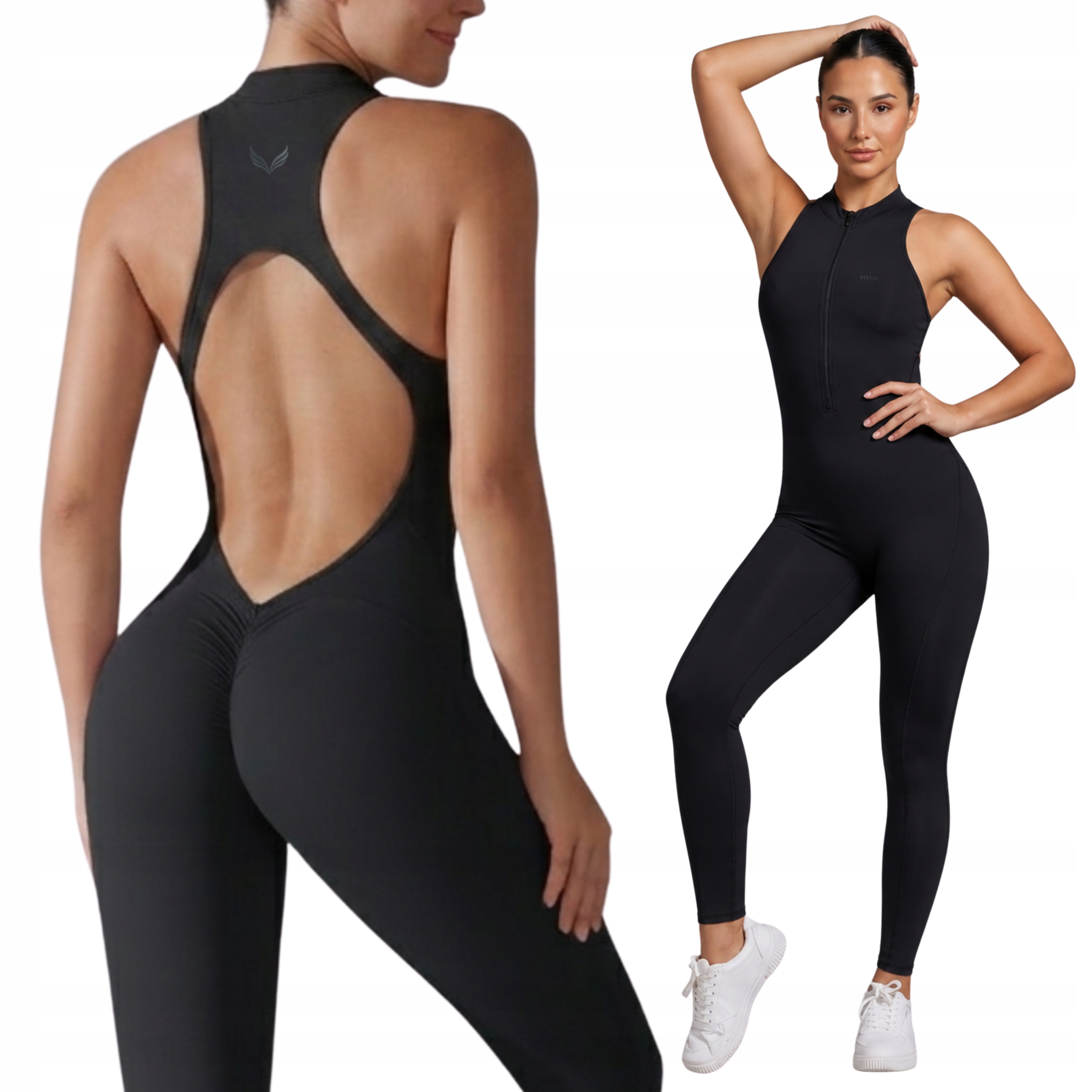 Dámská kombinéza Fitness Push Up Dlouhý Černý odkrytý zadní zip Vivora M