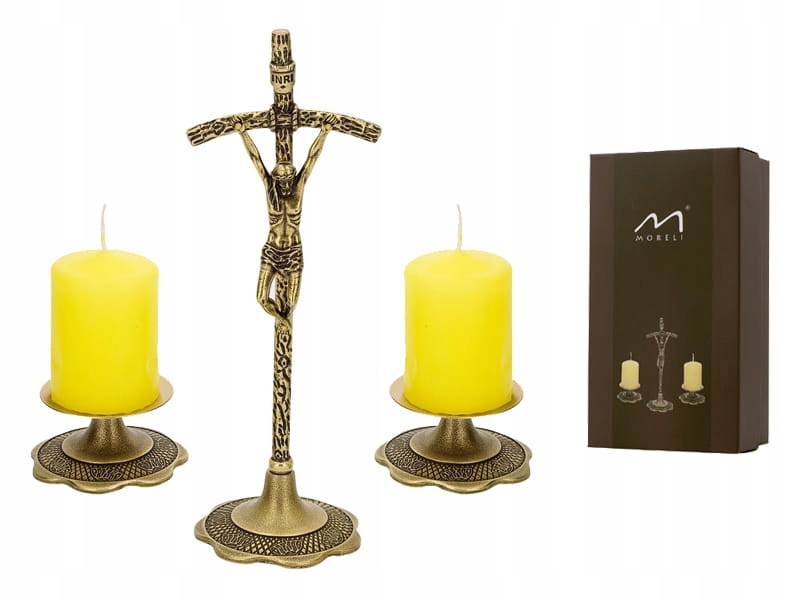 Koledová sada papežský kříž stojící svícny svíčky zlatá patina 18,5c