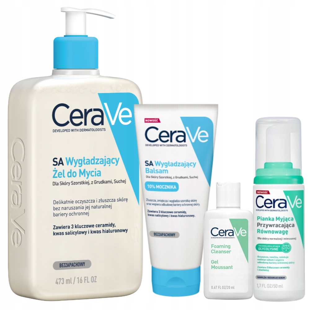 CeraVe Zestaw Wygładzający Sa Żel do Mycia 473ml Balsam Skóra Szorstka 177g