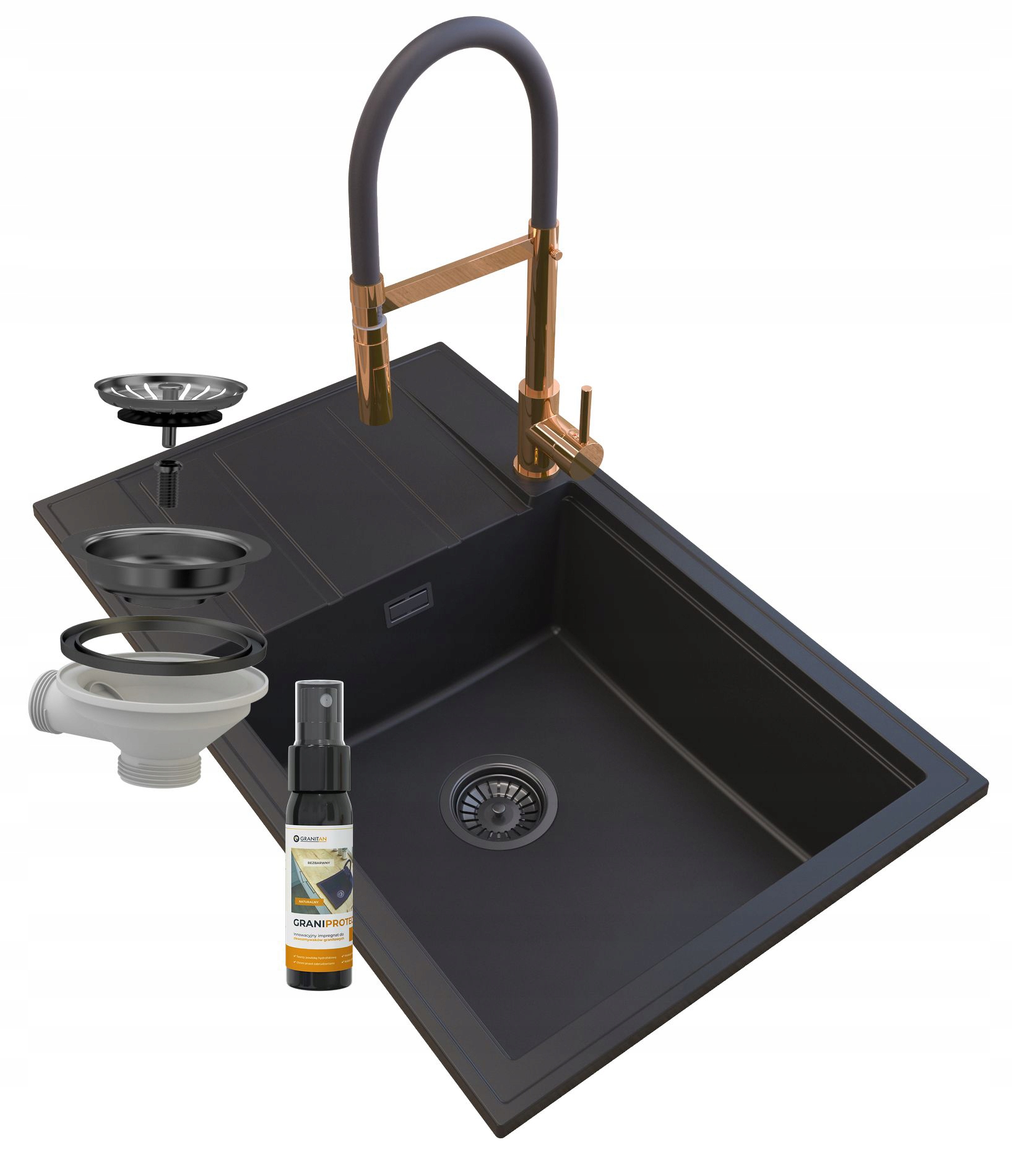 Granitový Drez Čierny Louis Sifón Batéria Rosegold